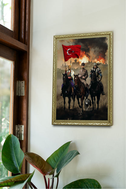 3-Lü Türk Liderleri Özel Tasarım Tablo Fatih, Atatürk ve Mete Han Bir Arada