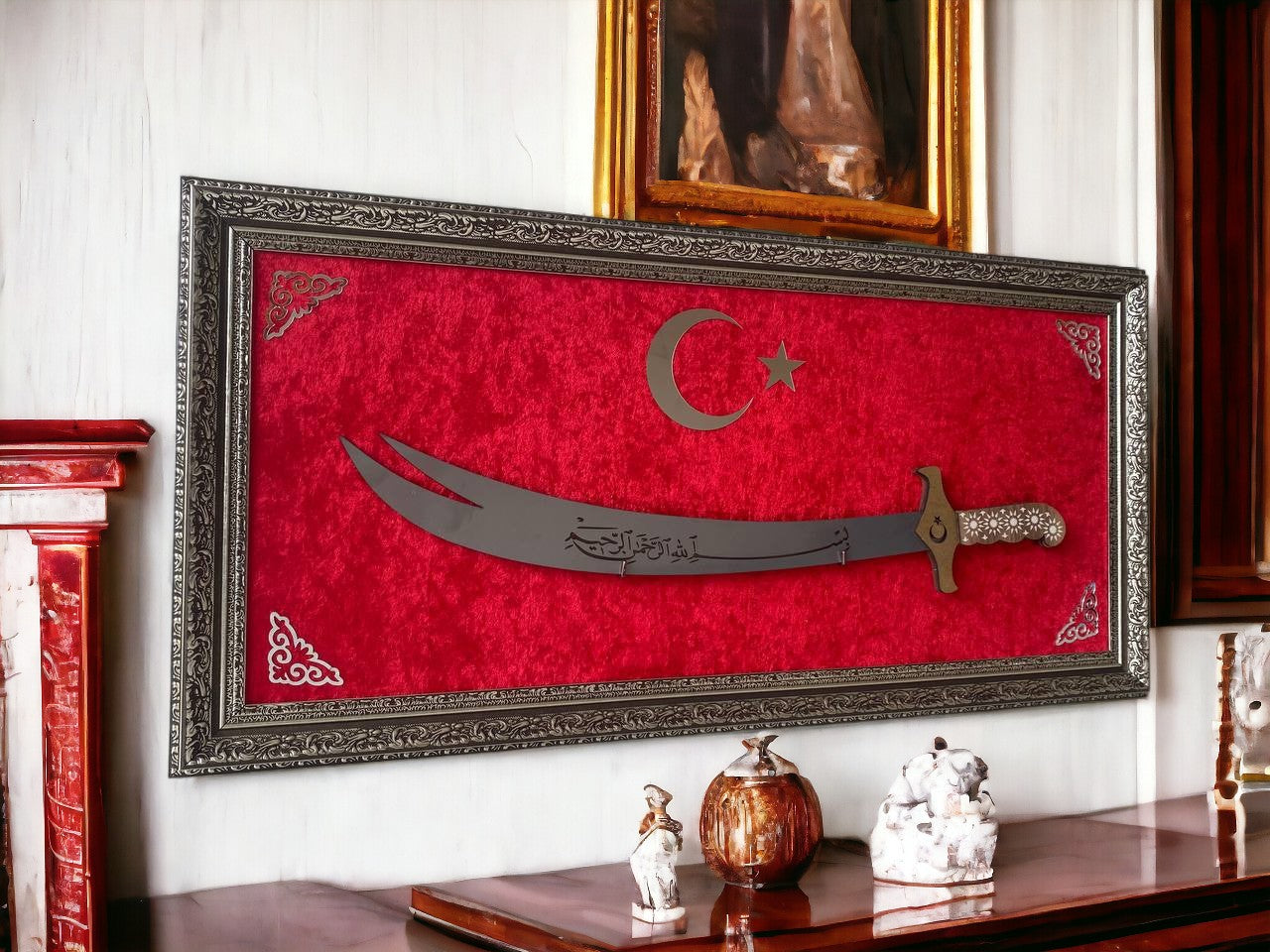 Türk Bayraklı Kılıçlı Tablo 40 x 80 cm