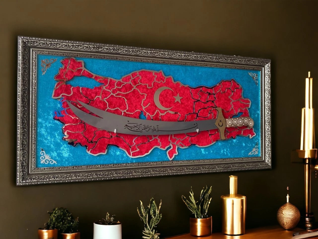 Türkiye Haritalı Zülfikar Kılıçlı Tablo 40x80 cm Krom Pleksi İşlemeli