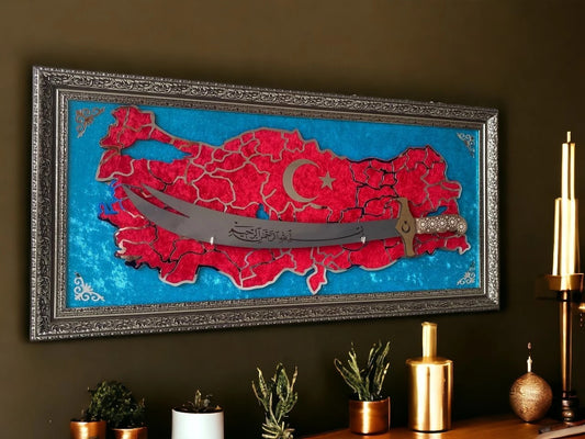Türkiye Haritalı Zülfikar Kılıçlı Tablo 40x80 cm Krom Pleksi İşlemeli