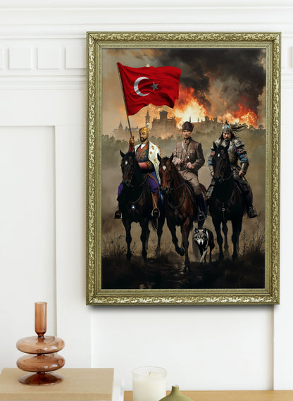 3-Lü Türk Liderleri Özel Tasarım Tablo Fatih, Atatürk ve Mete Han Bir Arada