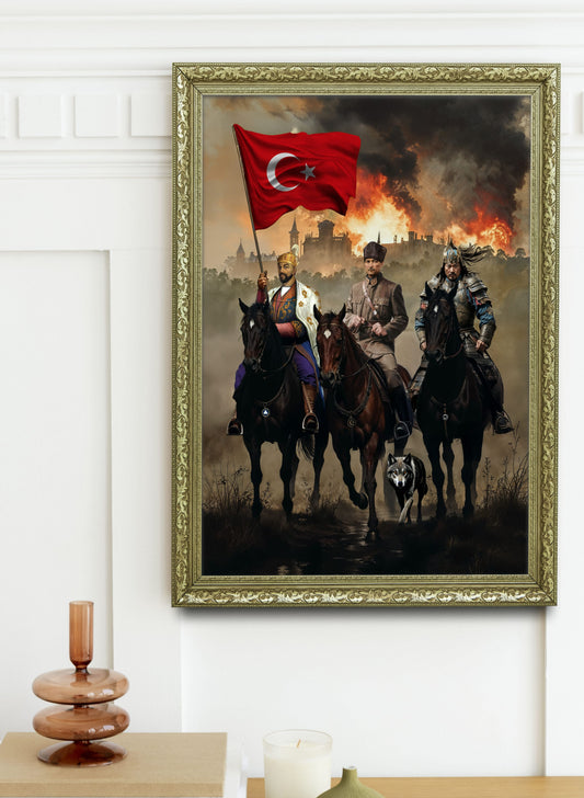 3-Lü Türk Liderleri Özel Tasarım Tablo Fatih, Atatürk ve Mete Han Bir Arada