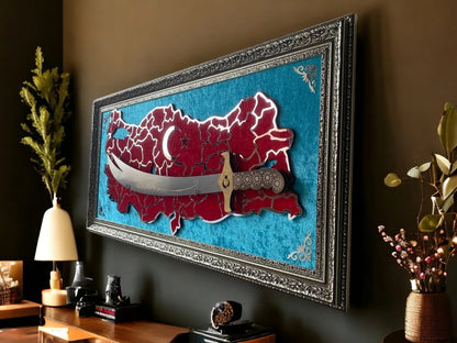 Türkiye Haritalı Zülfikar Kılıçlı Tablo 40x80 cm Krom Pleksi İşlemeli