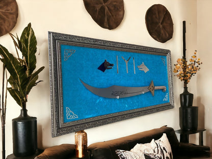IYI Göktürk Yazılı Kılıçlı Turkuaz Tablo 40 x 80 cm