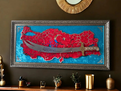 Türkiye Haritalı Zülfikar Kılıçlı Tablo 40x80 cm Krom Pleksi İşlemeli