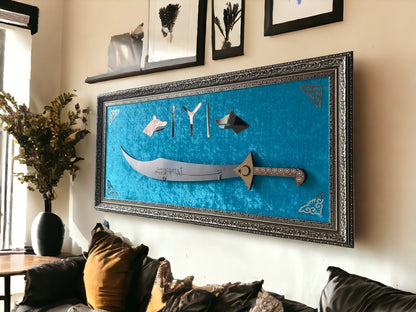 IYI Göktürk Yazılı Kılıçlı Turkuaz Tablo 40 x 80 cm