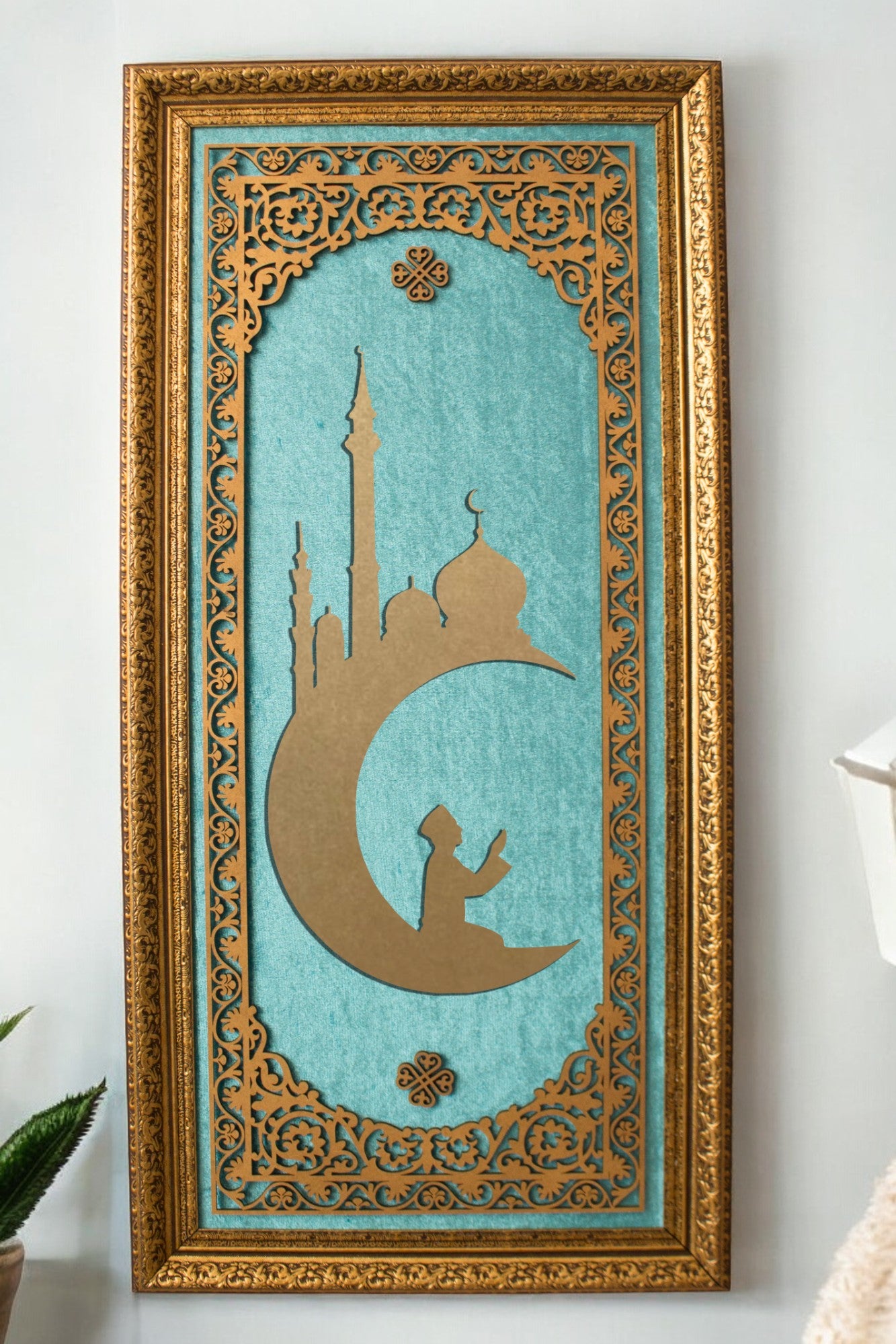 Ay Camii Temalı Lüks Dikey Tablo Kadife Zemin