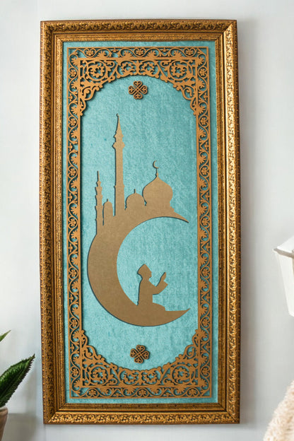 Ay Camii Temalı Lüks Dikey Tablo Kadife Zemin