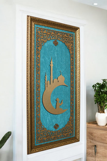 Ay Camii Temalı Lüks Dikey Tablo Kadife Zemin