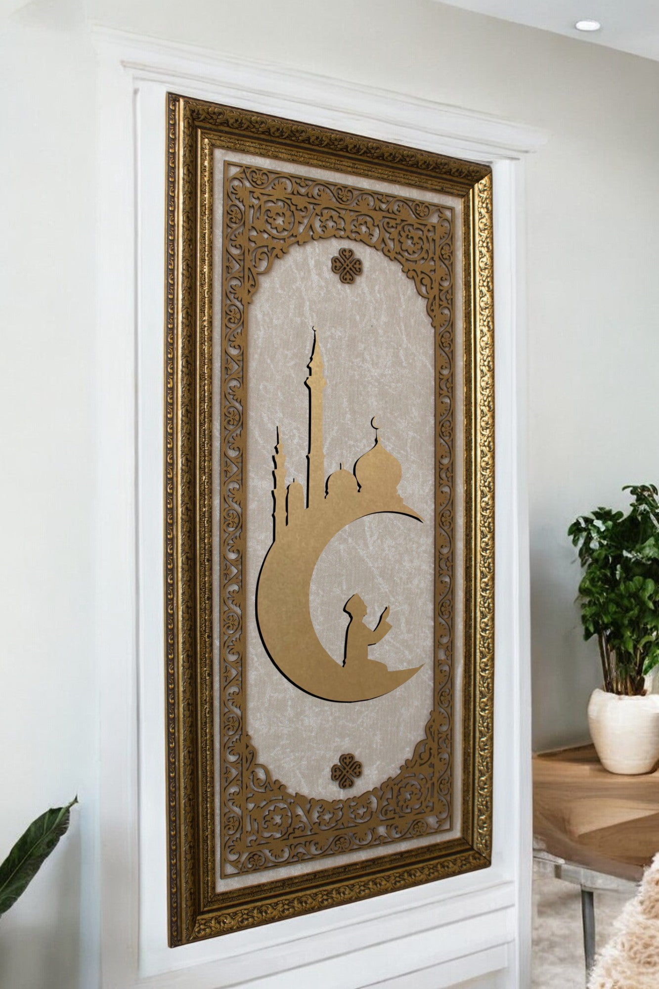Ay Camii Temalı Lüks Dikey Tablo Kadife Zemin