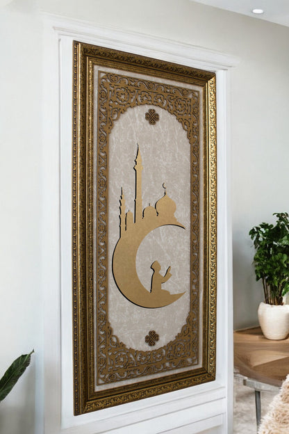 Ay Camii Temalı Lüks Dikey Tablo Kadife Zemin