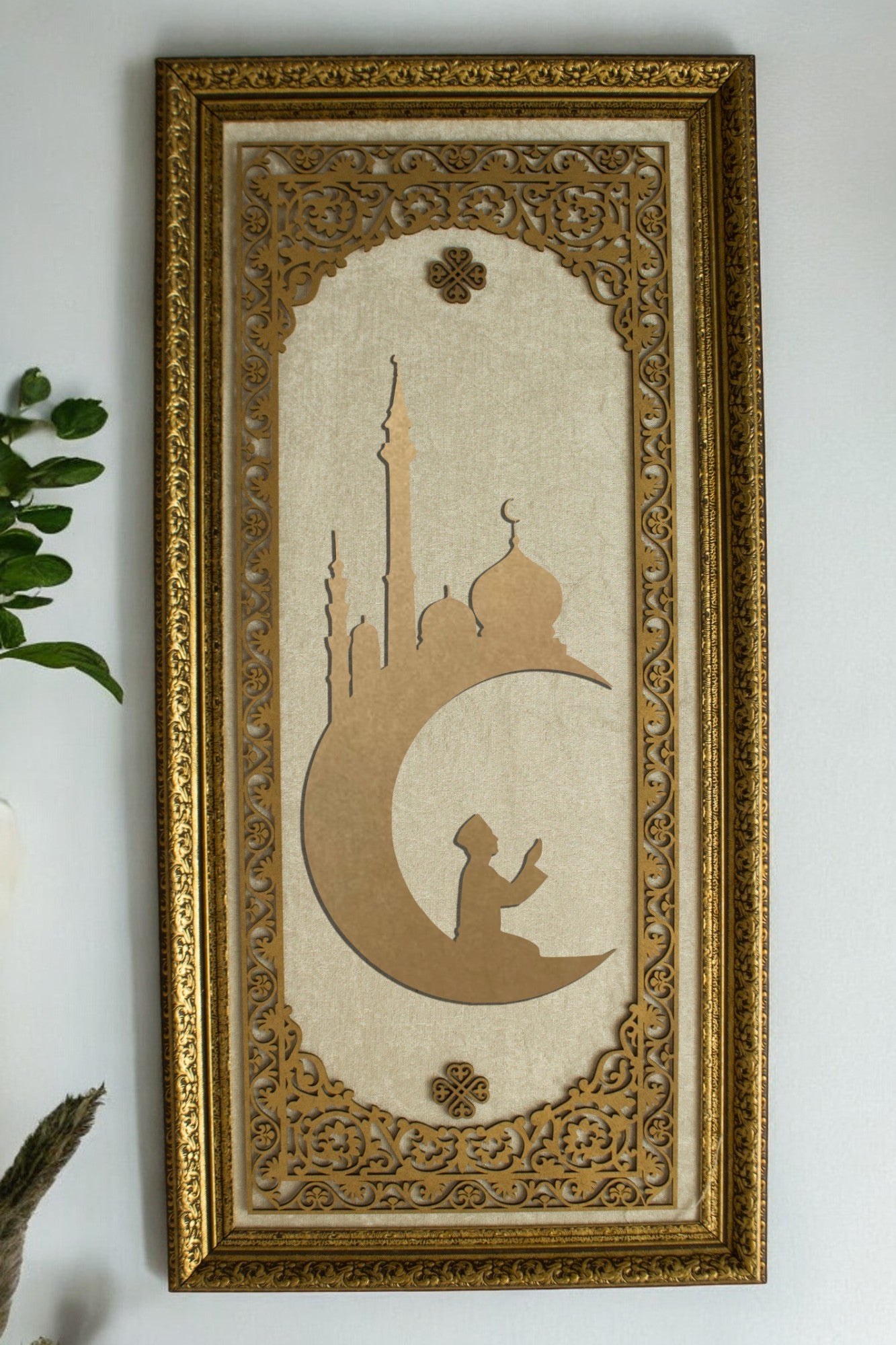 Ay Camii Temalı Lüks Dikey Tablo Kadife Zemin