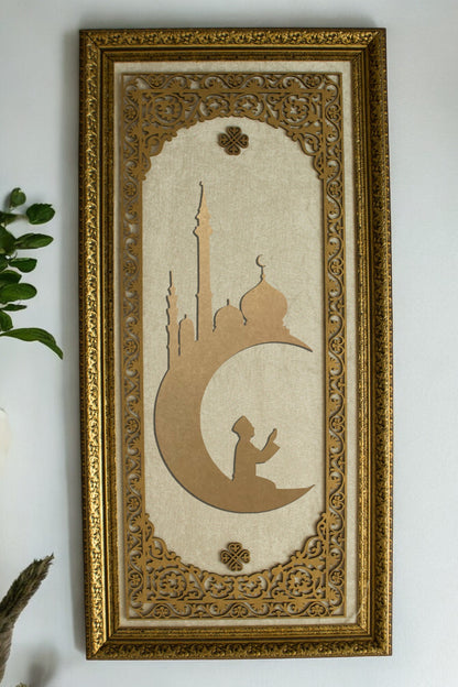 Ay Camii Temalı Lüks Dikey Tablo Kadife Zemin