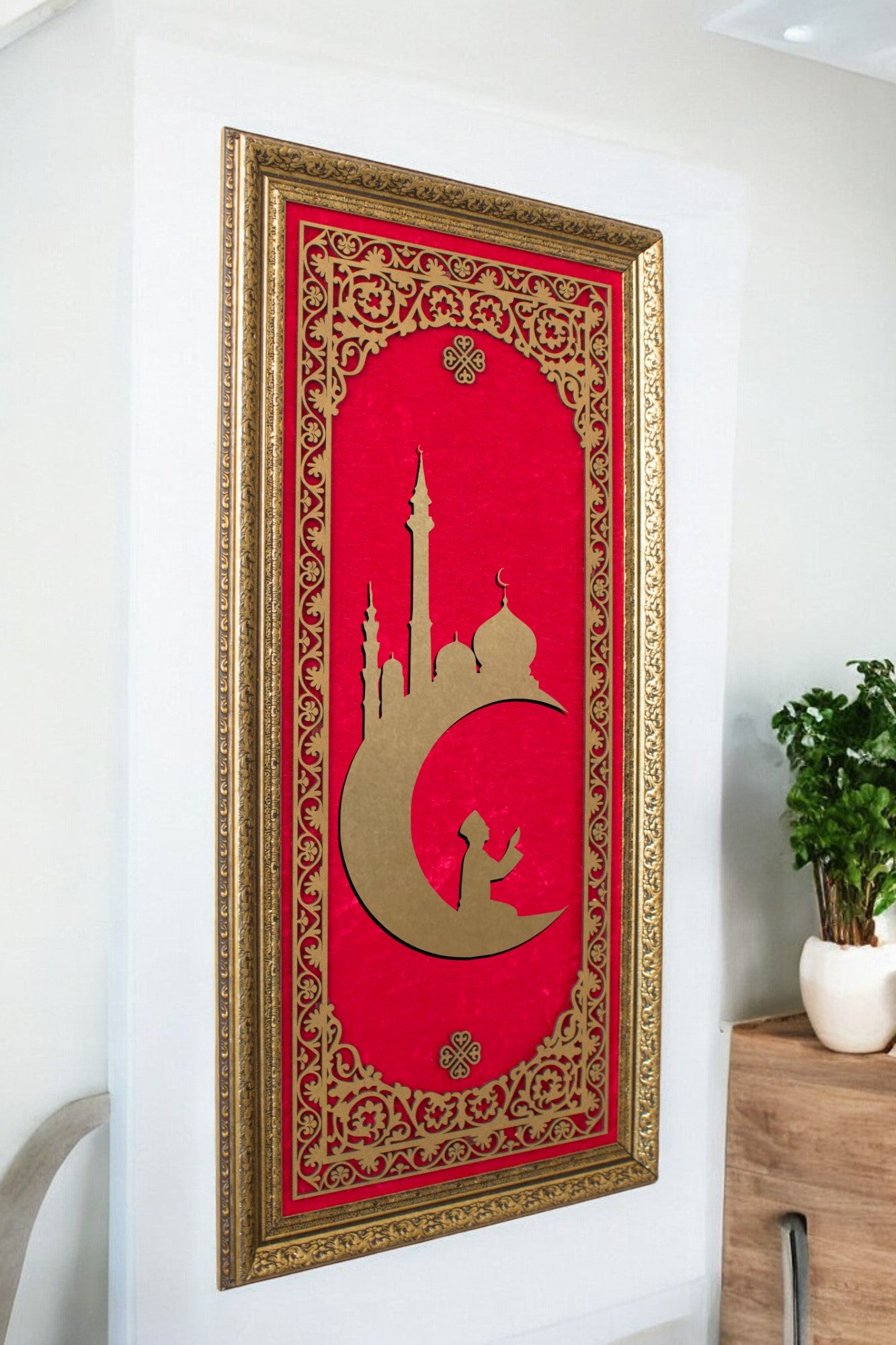 Ay Camii Temalı Lüks Dikey Tablo Kadife Zemin
