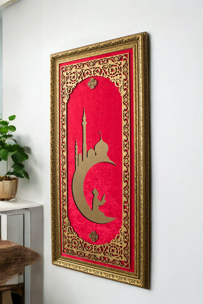 Ay Camii Temalı Lüks Dikey Tablo Kadife Zemin