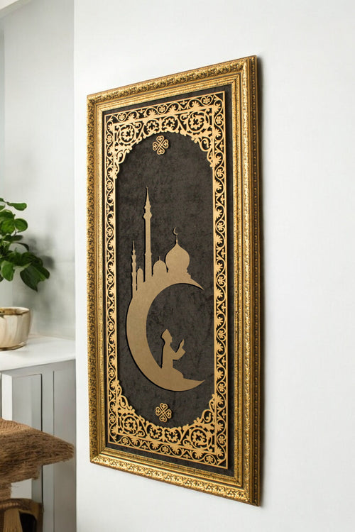 Ay Camii Temalı Lüks Dikey Tablo Kadife Zemin