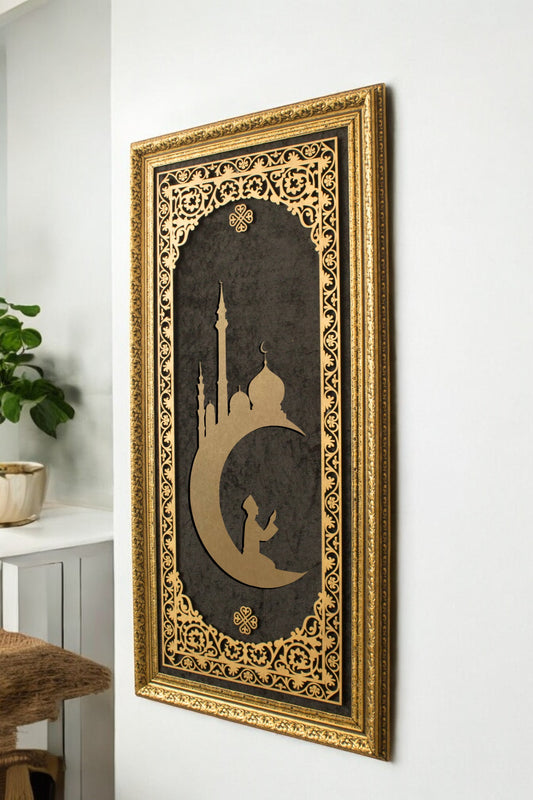 Ay Camii Temalı Lüks Dikey Tablo Kadife Zemin