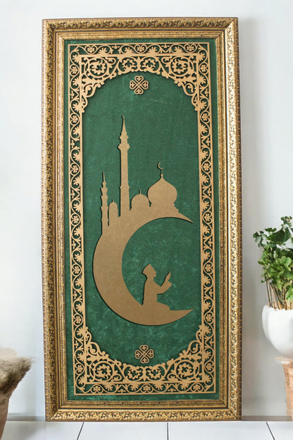 Ay Camii Temalı Lüks Dikey Tablo Kadife Zemin