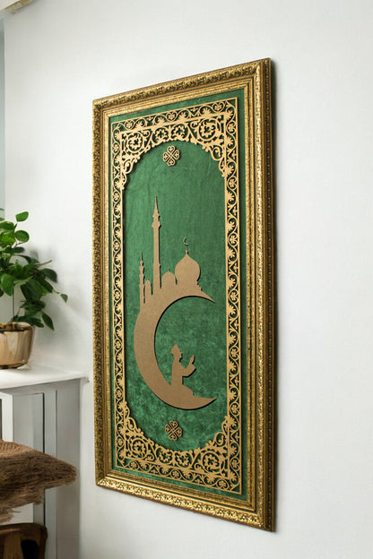 Ay Camii Temalı Lüks Dikey Tablo Kadife Zemin