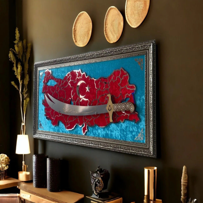 Türkiye Haritalı Zülfikar Kılıçlı Tablo 40x80 cm Krom Pleksi İşlemeli