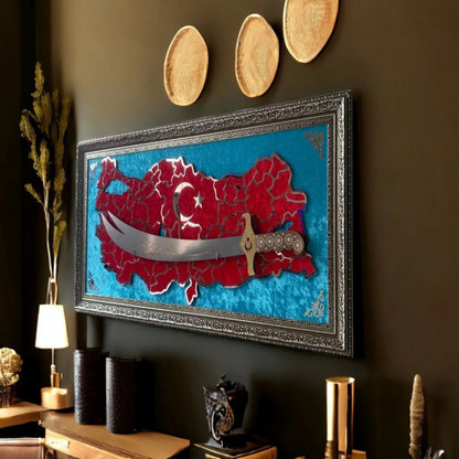 Türkiye Haritalı Zülfikar Kılıçlı Tablo 40x80 cm Krom Pleksi İşlemeli